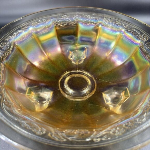 Vintage Marigold Carnival Glass Footed Dish Bowl Iridescent Finish Glass Decor - Picture 9 of 14